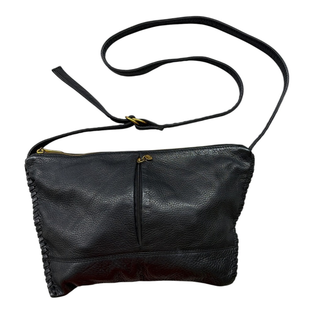 HOBO Black Leather Shoulder Bag Whipstich Detail Brass LOGO Hardware Purse EUC
